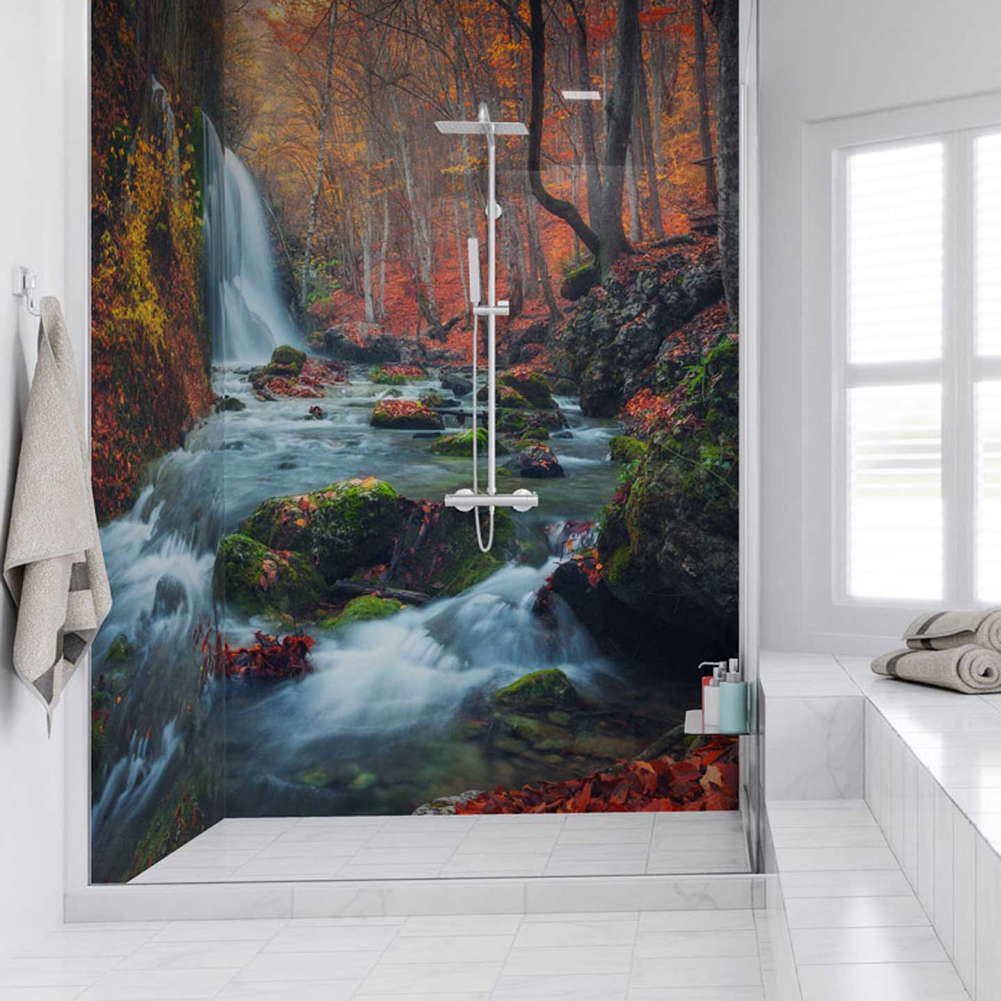 Bathroom Shower Splashbacks Glass Look Printed Waterfall In Forest Cropped Wr 