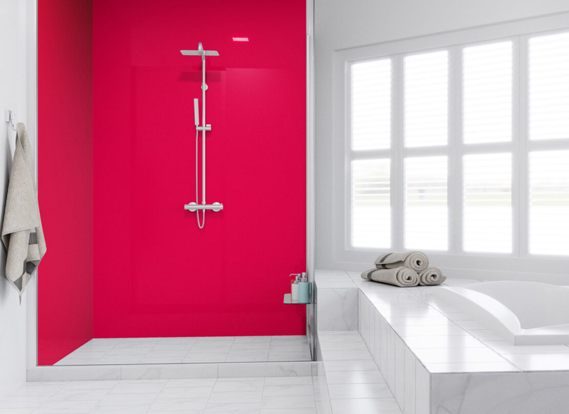 Rose coloured bathroom splashback photo from our range
